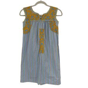 Emilia Handmade Collection Oaxaca Dress Blue & Orange Striped Embroidered XS